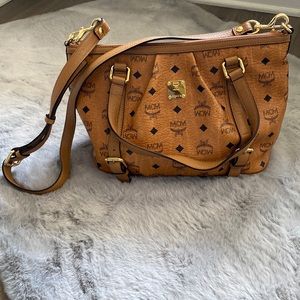 MCM Brown Visetos Leather Satchel Bag w/crossbody strap